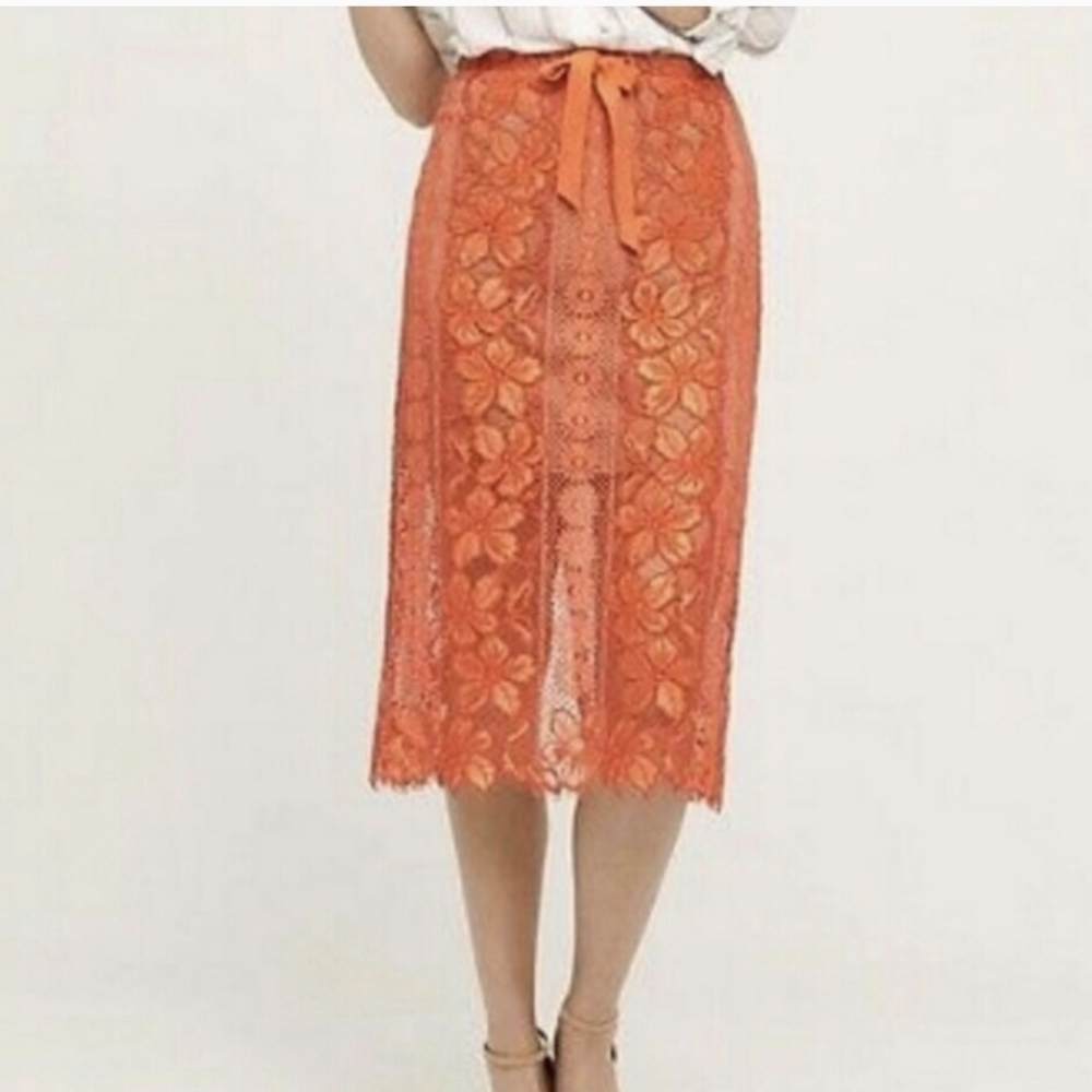 Anthropology Tracy Reece Pencil Lady Like lace Midi skirt Modern Tie Waist